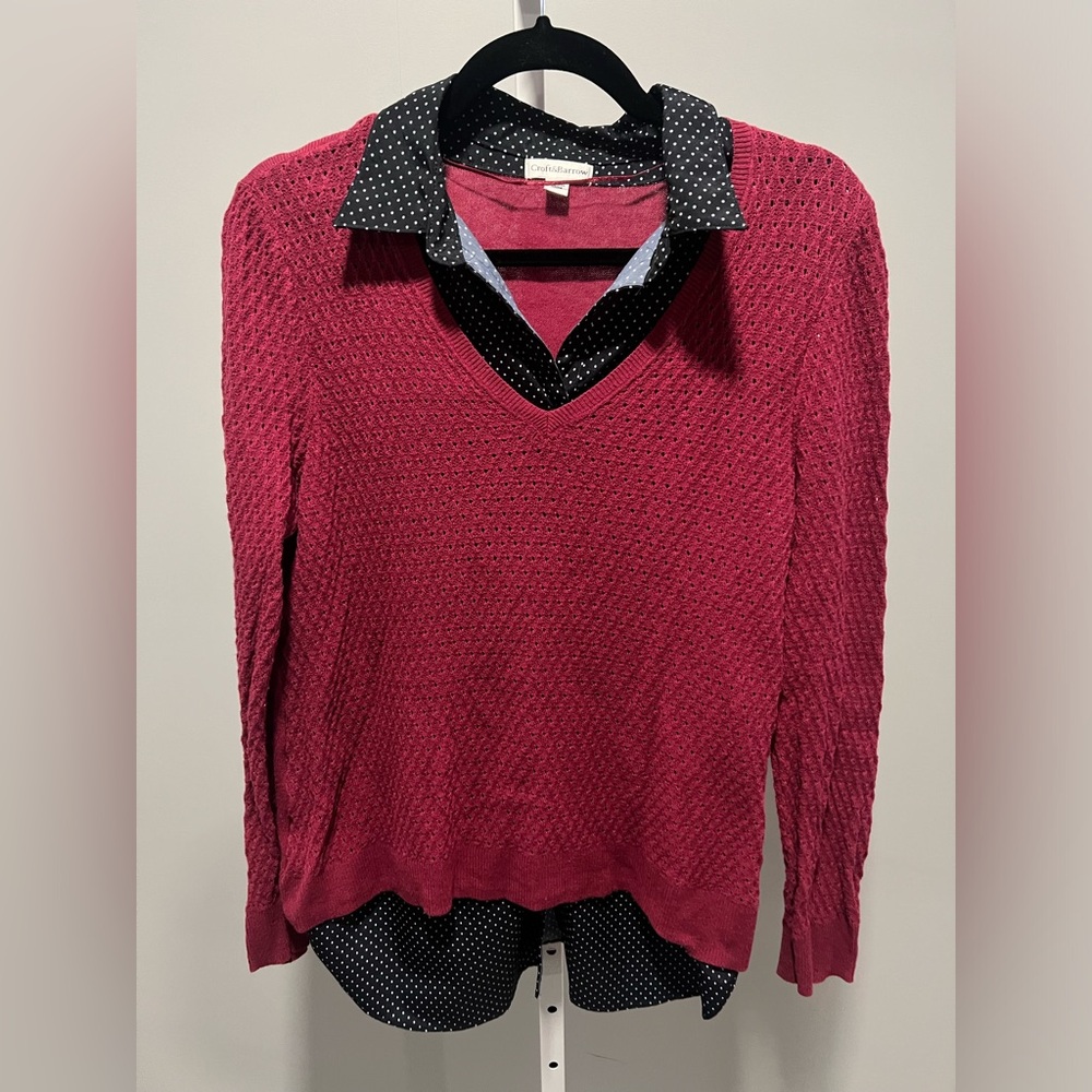 Croft & Barrow Maroon V-Neck Layered Look Sweater Attached Polka Dot Shirt Large